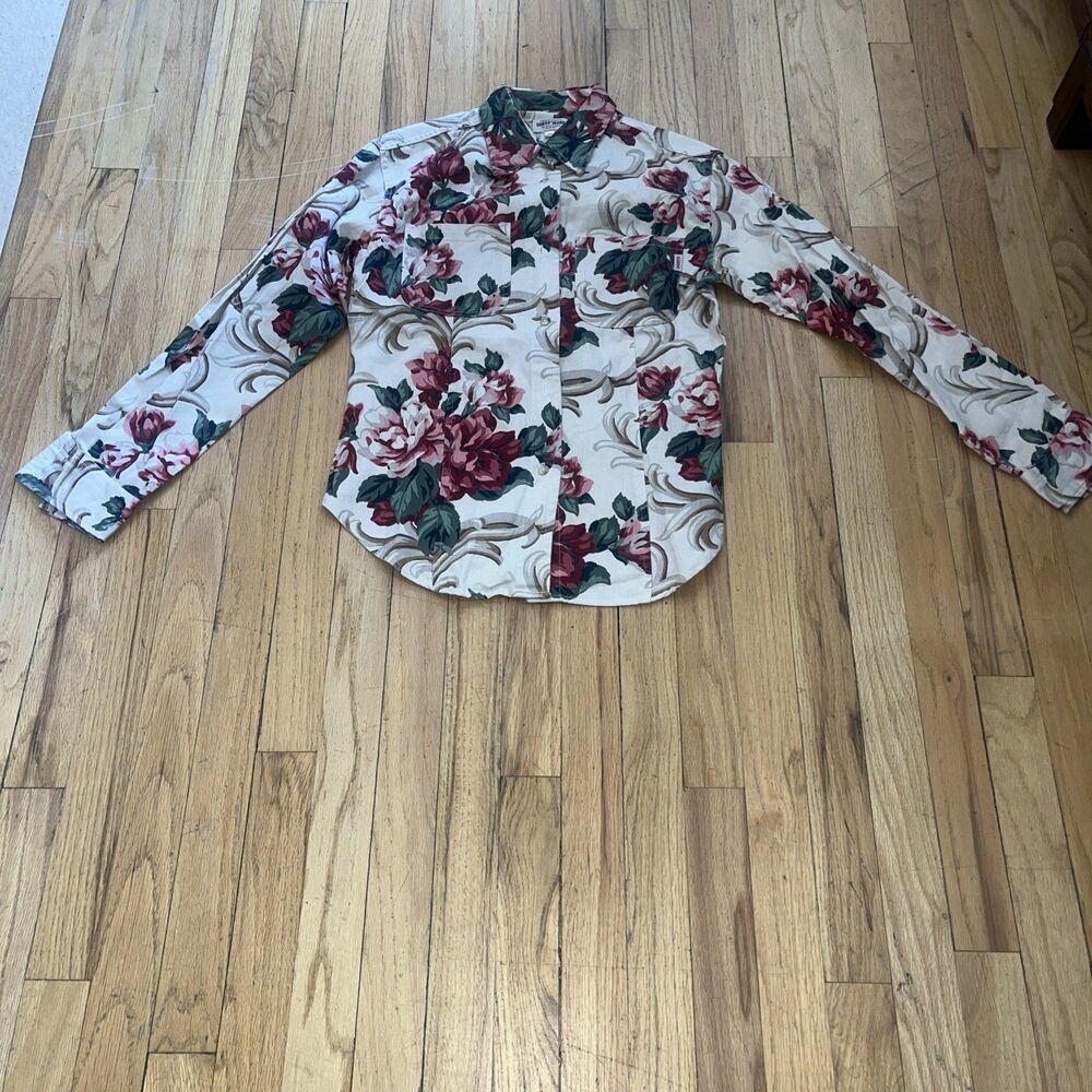 VTG GUESS Colorful Floral Tan Burgundy 2-Pocket Long Sleeve Blouse Wms M